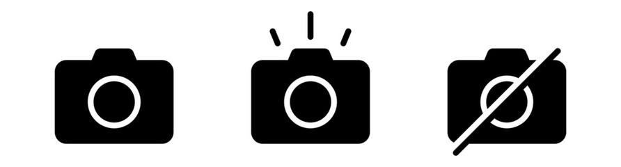 camera icon set. camera photo icon symbol, snapshot sign including basic, flash, and disabled versions or no-camera options | for photography, video, and multimedia interfaces