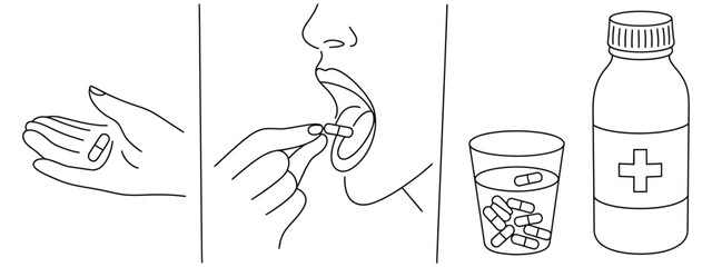 Pill taking and vitamin intake icons, healthcare and medicine symbols
