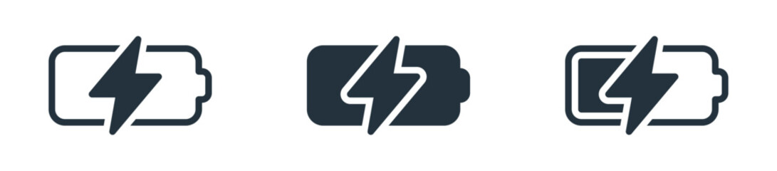 Battery charging icon with lightning bolt symbol and various fill levels. Perfect for indicating power levels, energy apps, and charging status on various devices