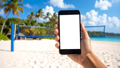 Hand Holding Smartphone on Beach Volleyball Court.