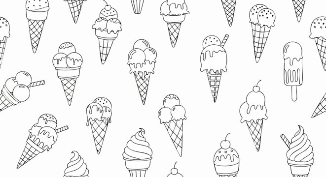 Seamless pattern of hand drawn ice cream cone doodles.
