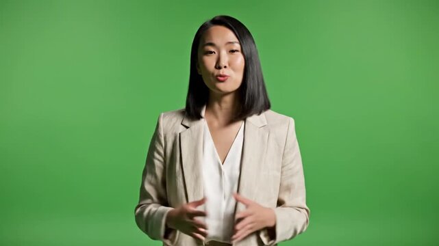 Confident Asian professional woman presenting actively with hand gestures on a vibrant green studio background, ideal for compelling virtual presentations and engaging video content