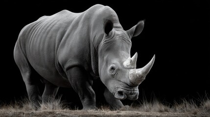 Obraz premium Majestic Rhinoceros Walking in Natural Habitat Against Dark Background