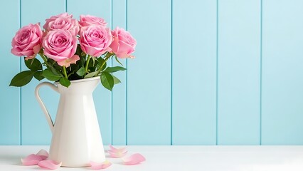 Beautiful pink roses in a white pitcher set against a charming blue wooden background