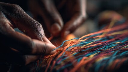 Intricate Fingers Weaving Colorful Threads in Traditional Handcraft Artistry Showcasing Skilled Craftsmanship and Precision in Fiber Art