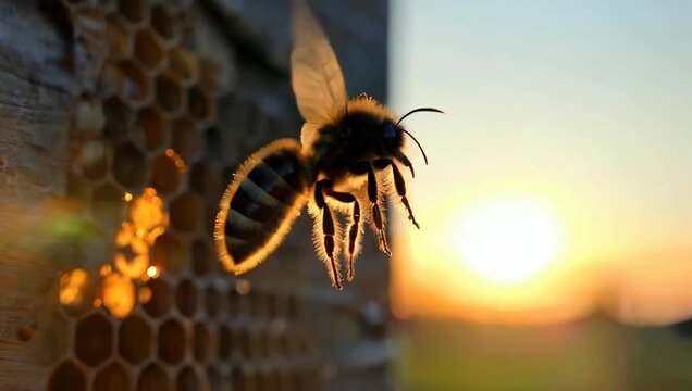 Close-up of a bee flying near a honeycomb at sunset, golden hour.