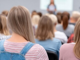 Student attending a seminar, listening to a presentation in a blurred focus lecture hall, learning in a higher education classroom or corporate conference setting