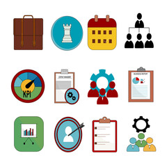 Business and management icons set. Management icon featuring briefcase, target, strategy, leadership, report, checklist, calendar, presentation, organization. Vector illustration