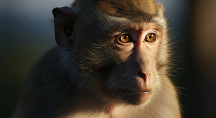Expressive portrait of a rhesus macaque with dramatic lighting at dawn