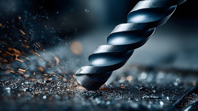 Macro shot of silver CNC drill bit cutting into metal shows metal shavings and sparks flying with frozen motion manufacturing detail.