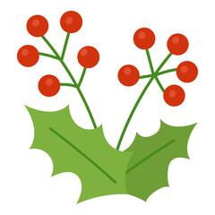 Cute holly branch with red berries and leaves. Flat vector illustration isolated on white background. Classic Christmas symbol for winter cards, festive graphics and children projects
