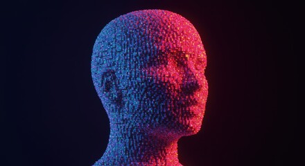 A 3D illustration of a human head made of small pixels in blue and red hues