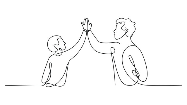 continuous line illustration of parent and child giving high five showing success, encouragement, motivation, teamwork and positive parenting concept