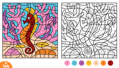 Color by number page with cute sea horse on ocean landscape. Natural seabed background with corals. Educational activity game for preschool and kindergarten children to learn colors