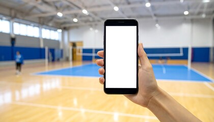 Hand holding smartphone in sports gymnasium.