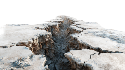 Ground cracks and land surface fractures symbolizing earthquake damage, drought impact, environmental stress, natural disaster, and soil instability concept on white background
