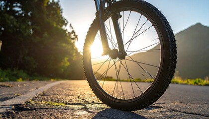 Mountain Bike Wheel on Dirt Road at Sunset.