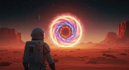 A lone astronaut stands on a desolate red planet, gazing at a vibrant, swirling purple and orange portal that dominates the horizon, with rugged terrain and a starry night sky