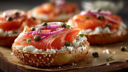 Close-up of open-faced bagels with cream cheese, smoked salmon, red onion, capers, and herbs on a wood board
