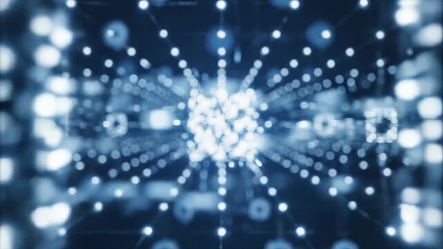 Abstract digital network nodes pulsing and flowing through a deep blue technological space background featuring high contrast white light and extreme bokeh flowing data, seamless loop, blockchain