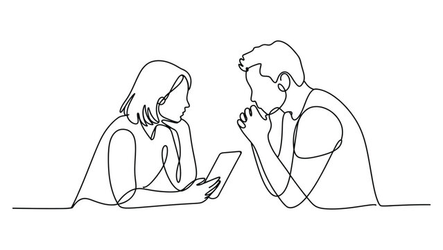 continuous line illustration of couple having serious conversation showing communication, relationship discussion, emotional talk and problem solving concept