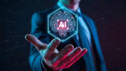 A businessman holding a glowing AI symbol in his hand