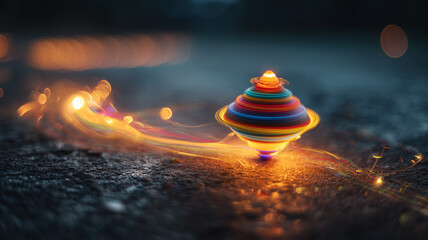 A glowing spinning top toy that spins on the ground with bright shining colors.