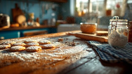 Kitchen scene captures cookies, flour, and baking tools on a wooden surface, suggesting a cozy atmosphere and the aroma of freshly baked goods