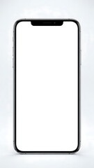 A sleek smartphone with a blank white screen on a light background