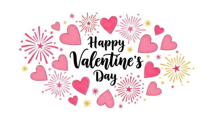 Happy valentine's day hearts and fireworks isolated on white background isolated on white background