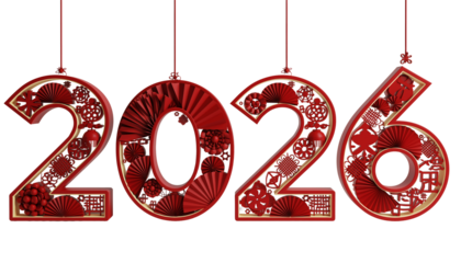 Hanging red 2026 numbers decorated with traditional Chinese paper cut fans and knots, visualizing Lunar New Year celebration, oriental holiday greeting, and isolated festive decoration element.