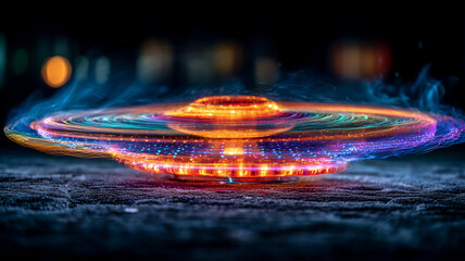 A glowing spinning top toy that spins on the ground with bright shining colors.