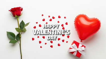 Happy valentine's day with rose and heart balloon isolated on white background isolated on white background