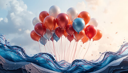 A vibrant bunch of colorful balloons floats against a bright background, and abstract wave