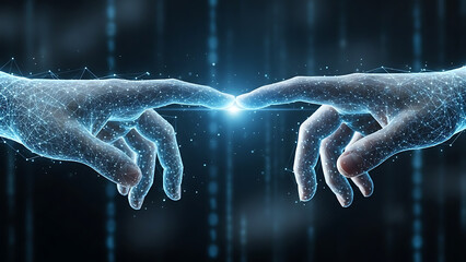 A futuristic depiction of two hands touching with a bright light