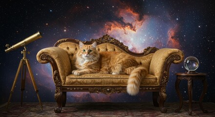 A large orange cat lounges on an ornate gold couch in a room with a telescope and a glass globe on a side table against a starry background