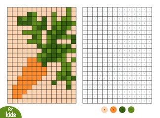 Carrot vegetable pixel color by number page for kids. Educational activity for preschool and kindergarten children to learn numbers and colors. Square grid design