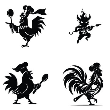 Rooster and devil fighting with spoons aggressive battle flat design vector illustration black and white scalable art