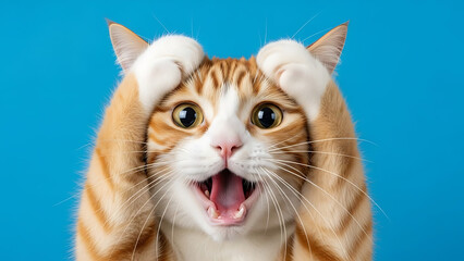 A surprised orange cat with white paws and blue background