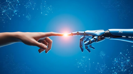 A human hand and a robotic hand touching with a bright light