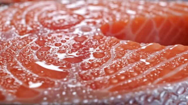 Abstract extreme close-up of pink and white fat marbling lines across the wet surface of a raw salmon steak with reflective moisture delicacy, natural, muscle