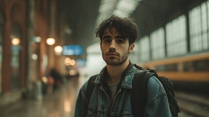 Fototapeta premium Young man with backpack waits on wet train platform during rainfall