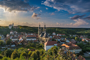 The pilgrimage basilica of G&ouml;&szlig;weinstein in Franconian Switzerland at sunset