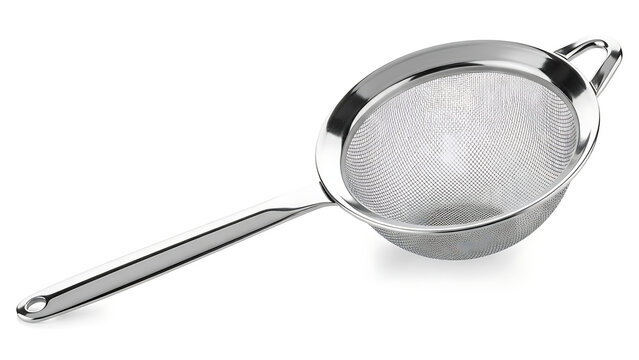 Professional Stainless Steel Sifter for Matcha Powder Preparation. Fine Mesh Metal Strainer with Handle for Removing Lumps and Creating Smooth Tea Ceremony Grade Beverage on White Background.