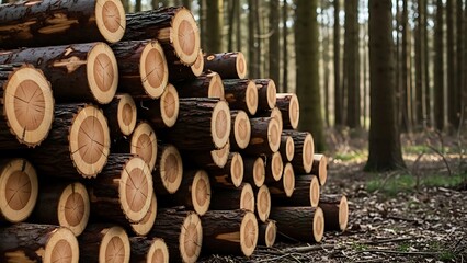 Stack of freshly cut logs resting in a dense forest ready for timber production
