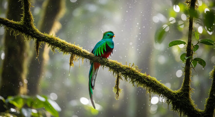 Resplendent quetzal male with vibrant plumage on mossy branch in cloud forest with light rain