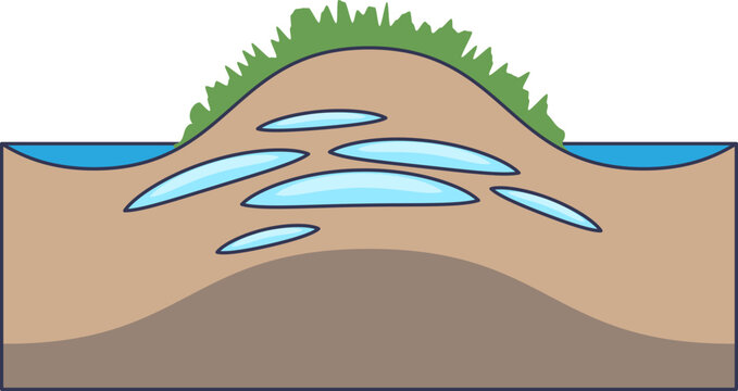 Cross-section of a palsa mound showing ice lenses within peat soil and surface vegetation. Illustrates frost heave and permafrost dynamics in subarctic wetland ecosystems.