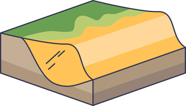 Isometric diagram of a loess deposit showing wind-blown silt layers over bedrock. It represents geological stratification and fertile soil formation for earth science and environmental studies.