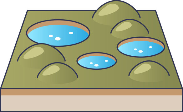 Illustration of thermokarst topography featuring mounds and thaw lakes. It visualizes ground subsidence from permafrost degradation, highlighting landscape instability in arctic regions.