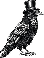 Obraz premium Highly detailed vintage black and white engraving style illustration of a smart, sophisticated raven or crow wearing a classic gentleman's formal top hat, isolated vector